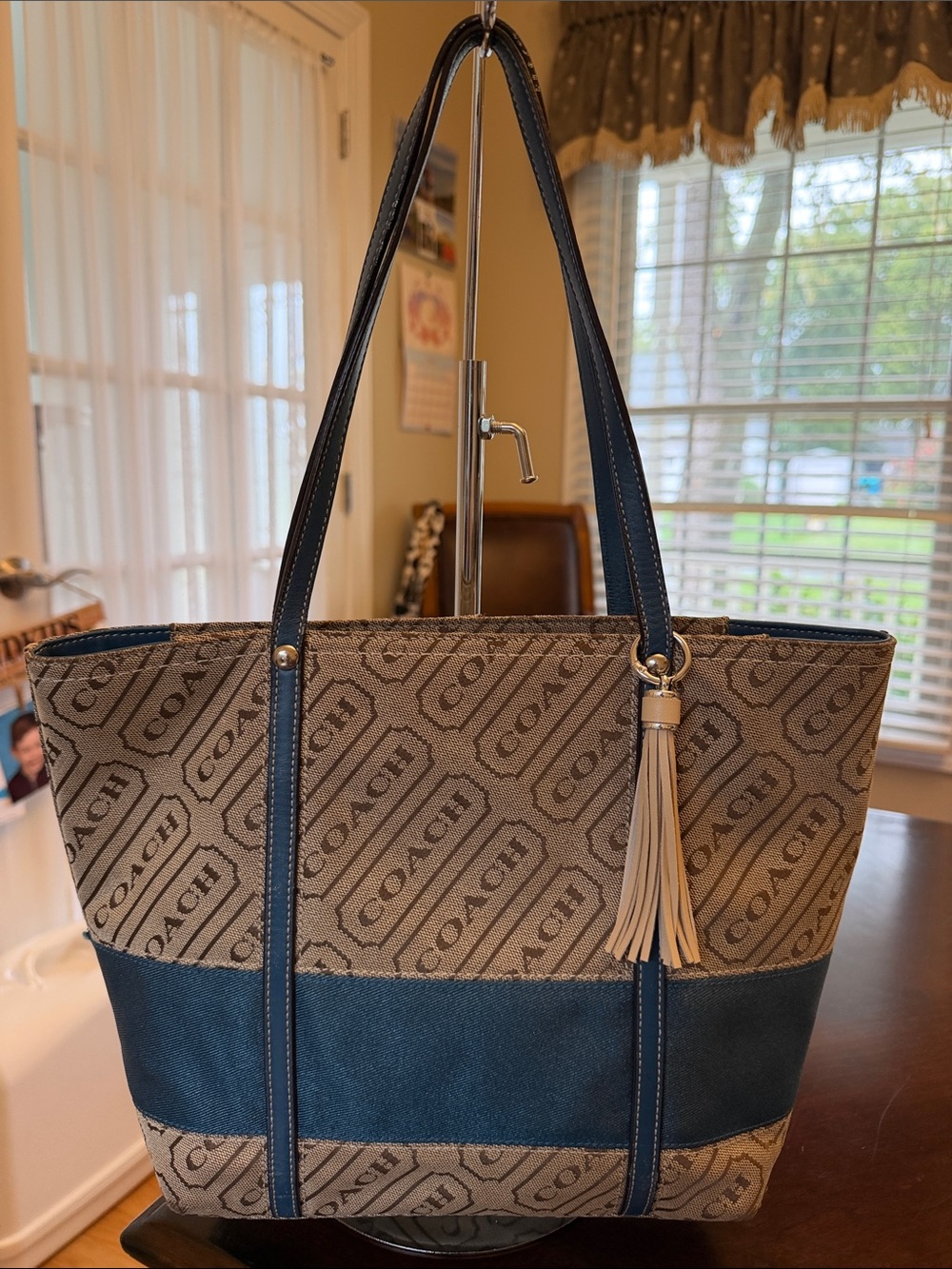 Coach Lozenge signature canvas tote with denim blue stripe, GUC